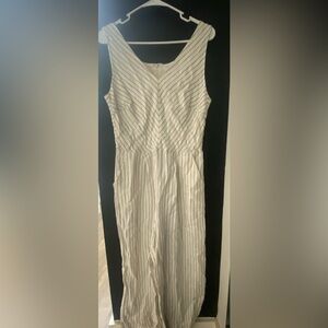 White Rachel Zoe jumpsuit with charcoal vertical stripes